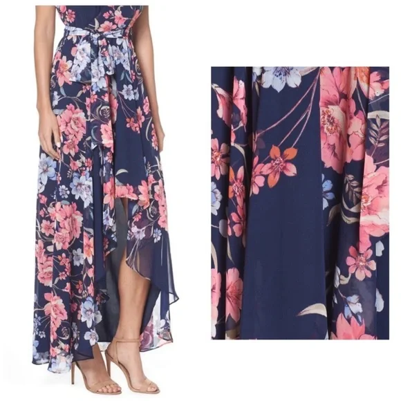 Eliza J Navy Floral Wrap High Low Maxi Dress Romantic Wedding Guest Flowy garden - Picture 3 of 10